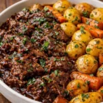 Delicious beef pot roast served with vegetables and gravy