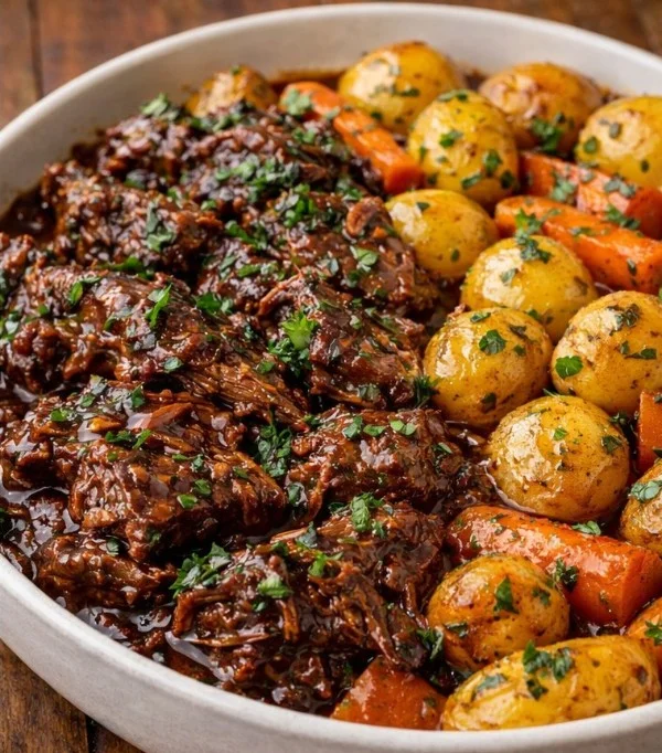 Delicious beef pot roast served with vegetables and gravy