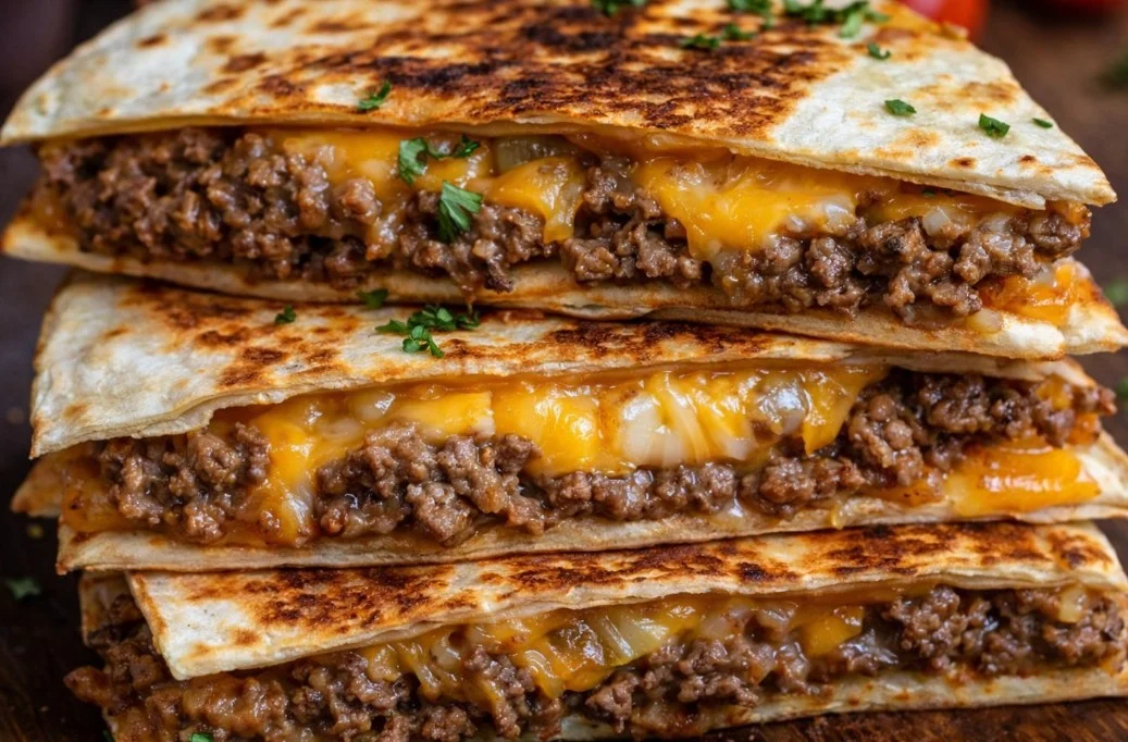Delicious beef quesadillas with melted cheese and toppings on a plate.