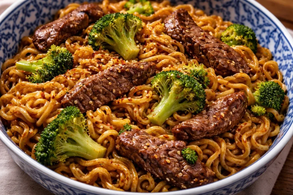 Delicious bowl of beef ramen with tender beef, rich broth, and fresh vegetables