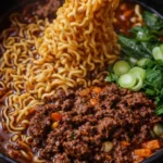 Bowl of delicious beef ramen noodles topped with green onions and egg