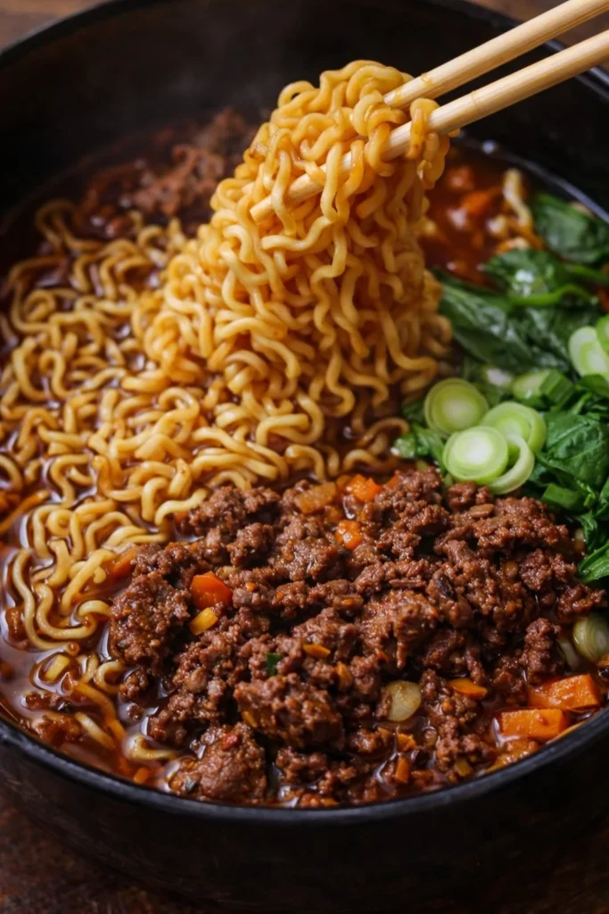 Bowl of delicious beef ramen noodles topped with green onions and egg