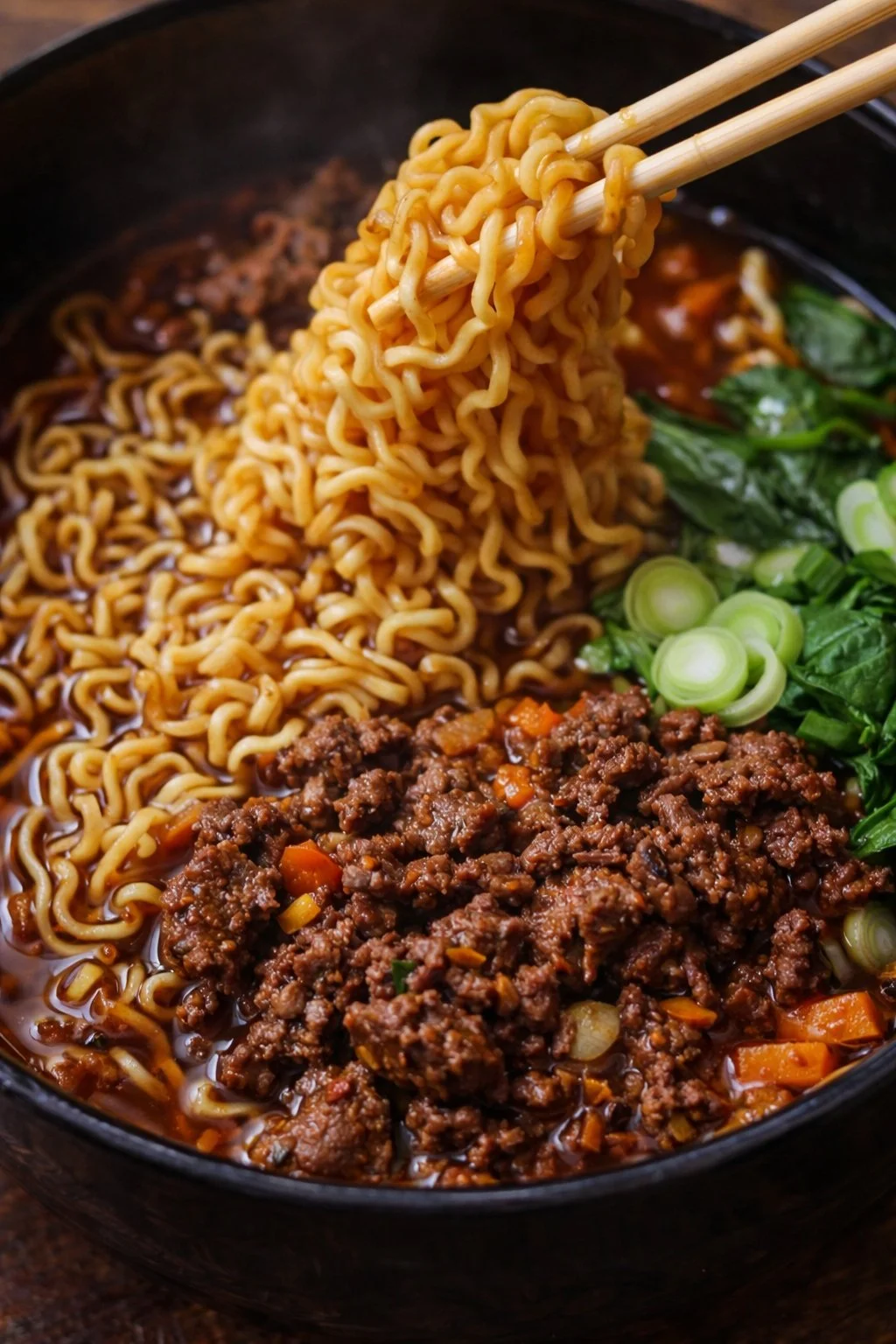 Bowl of delicious beef ramen noodles topped with green onions and egg