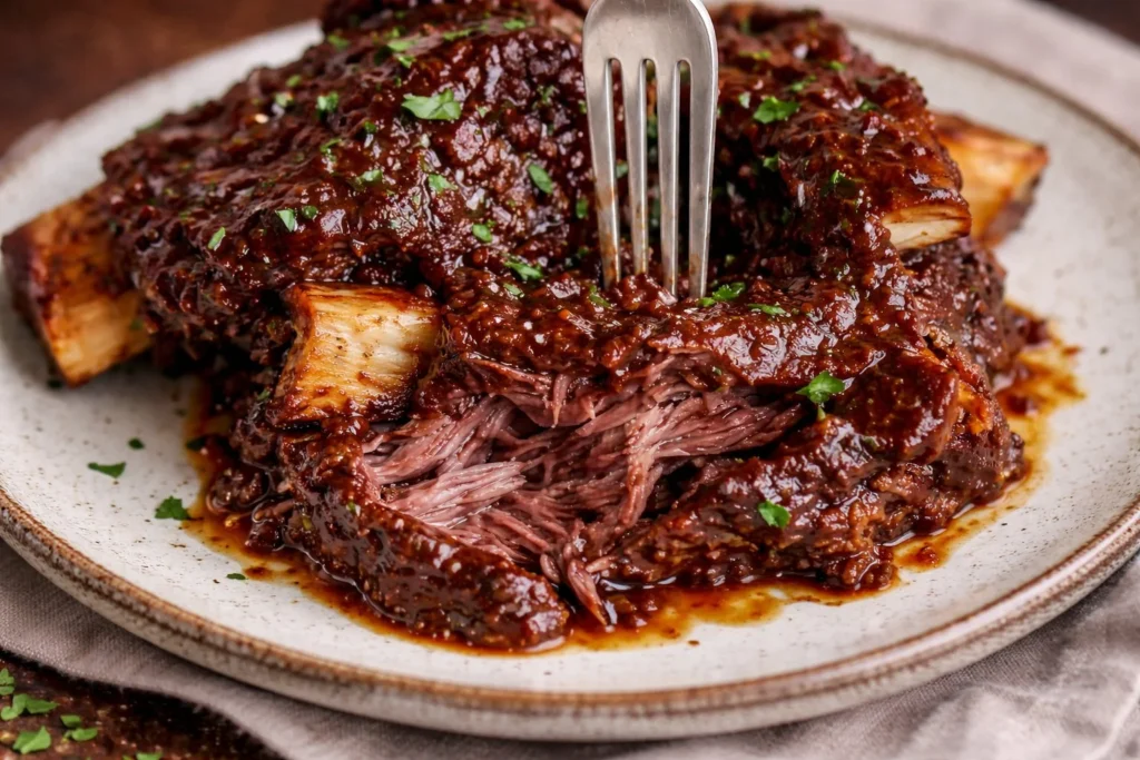 Deliciously cooked beef ribs served on a plate with side dishes.