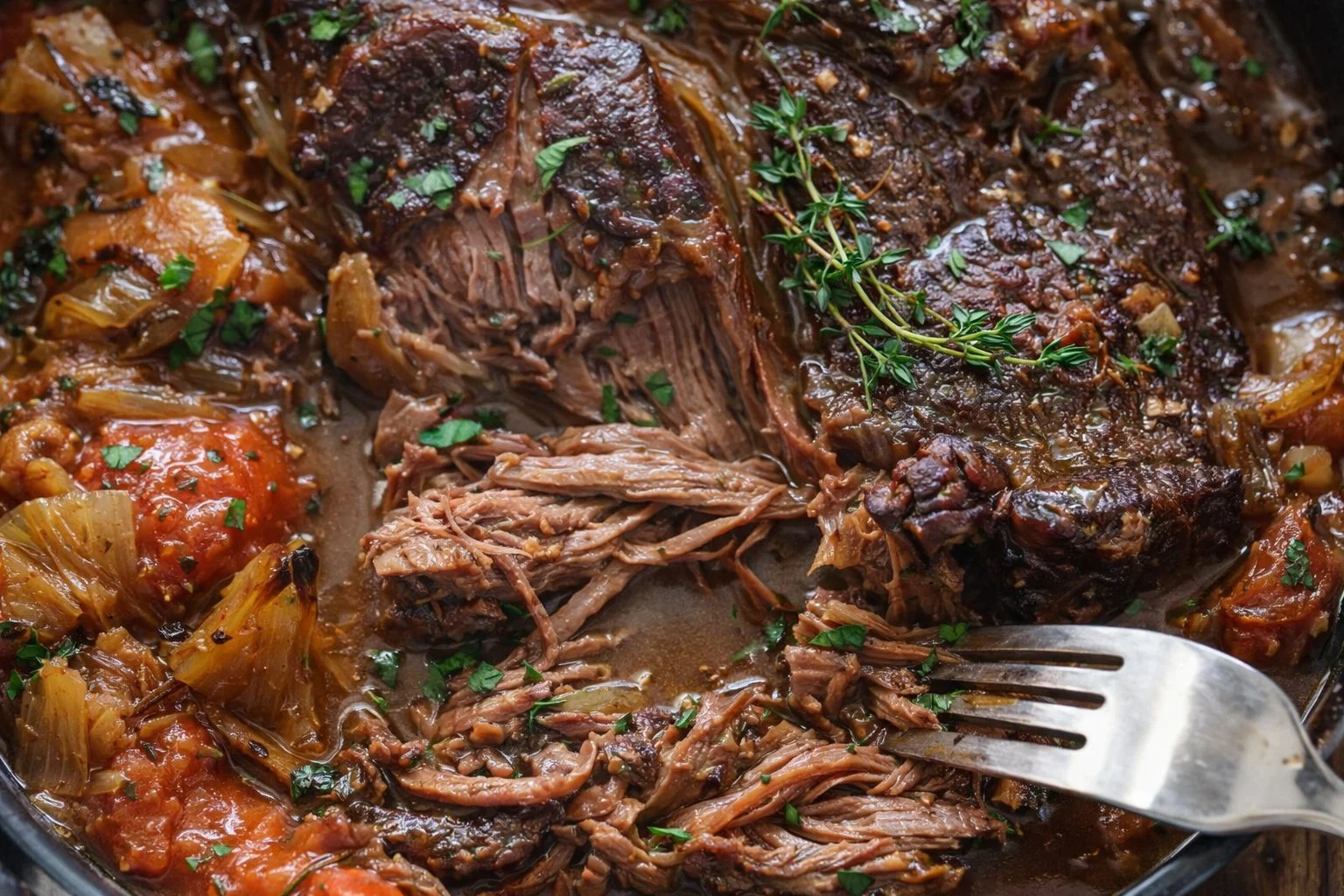 Deliciously cooked beef roast garnished with herbs and spices.