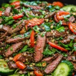 Colorful beef salad with fresh vegetables and a tasty dressing