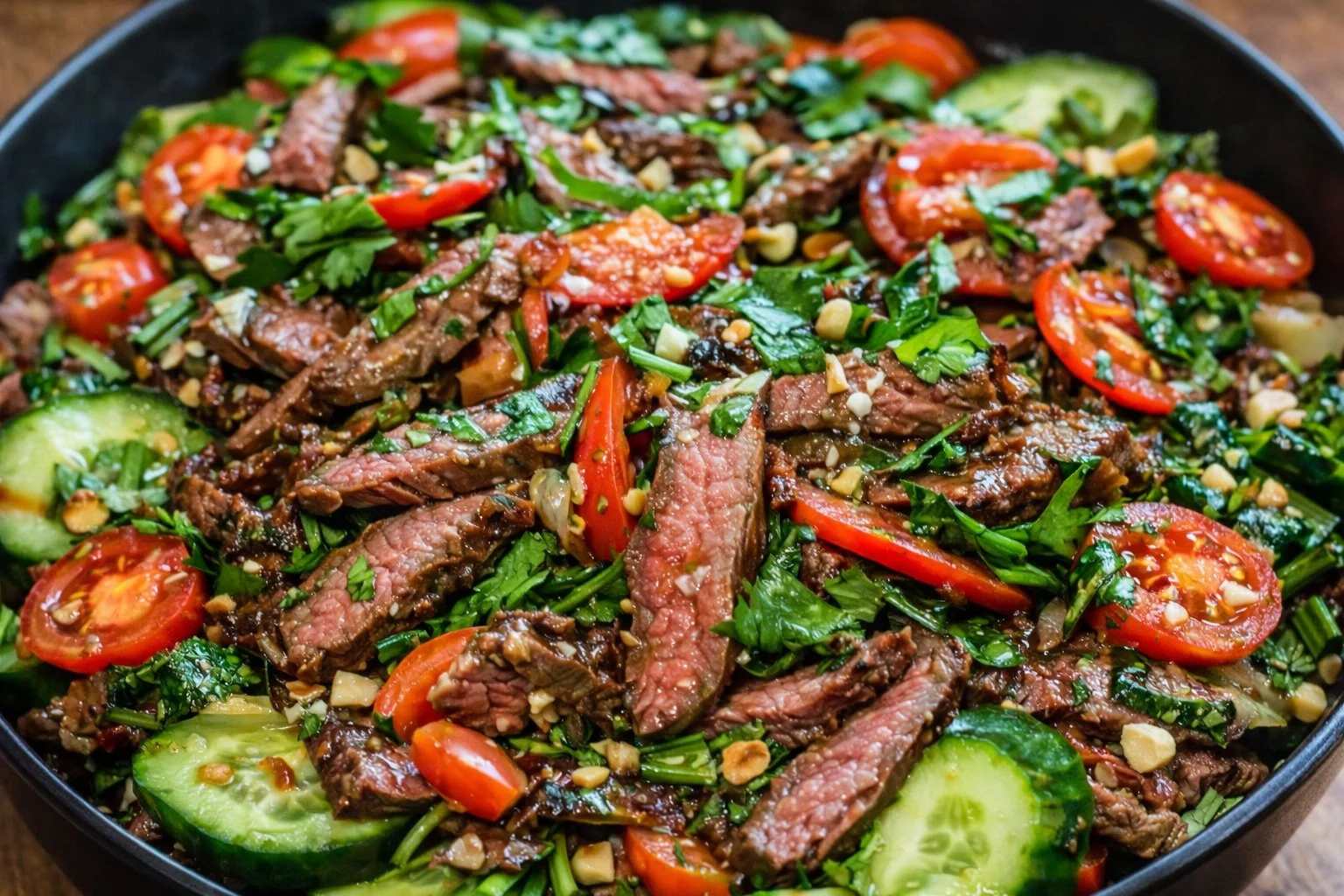 Colorful beef salad with fresh vegetables and a tasty dressing