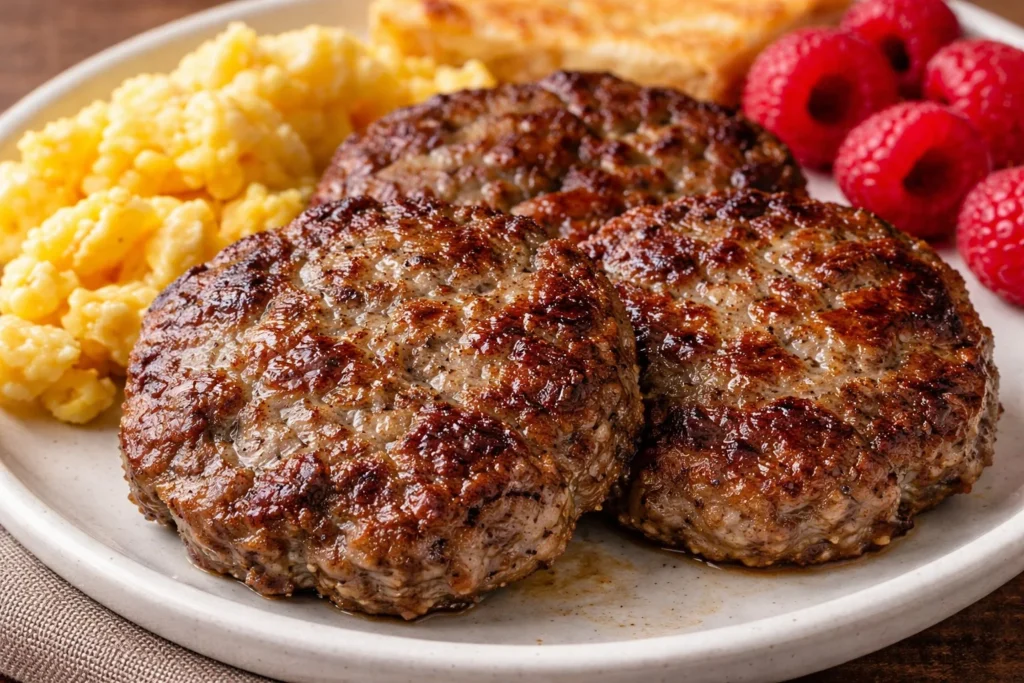 Plate of cooked beef sausage with herbs and spices