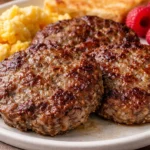 Plate of cooked beef sausage with herbs and spices