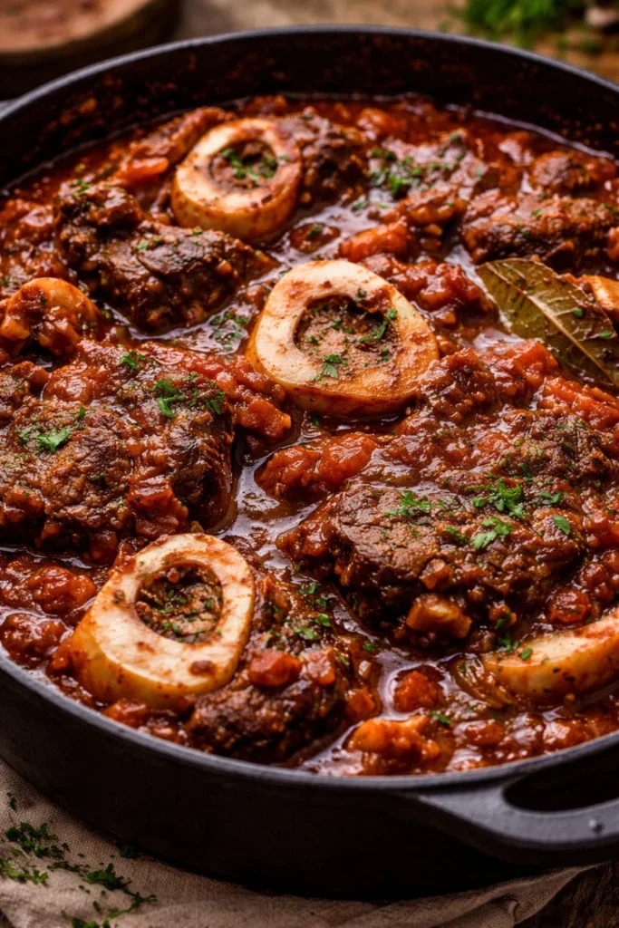 Delicious beef shank braise served with vegetables and herbs