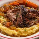 Succulent beef shoulder roast served with vegetables and herbs