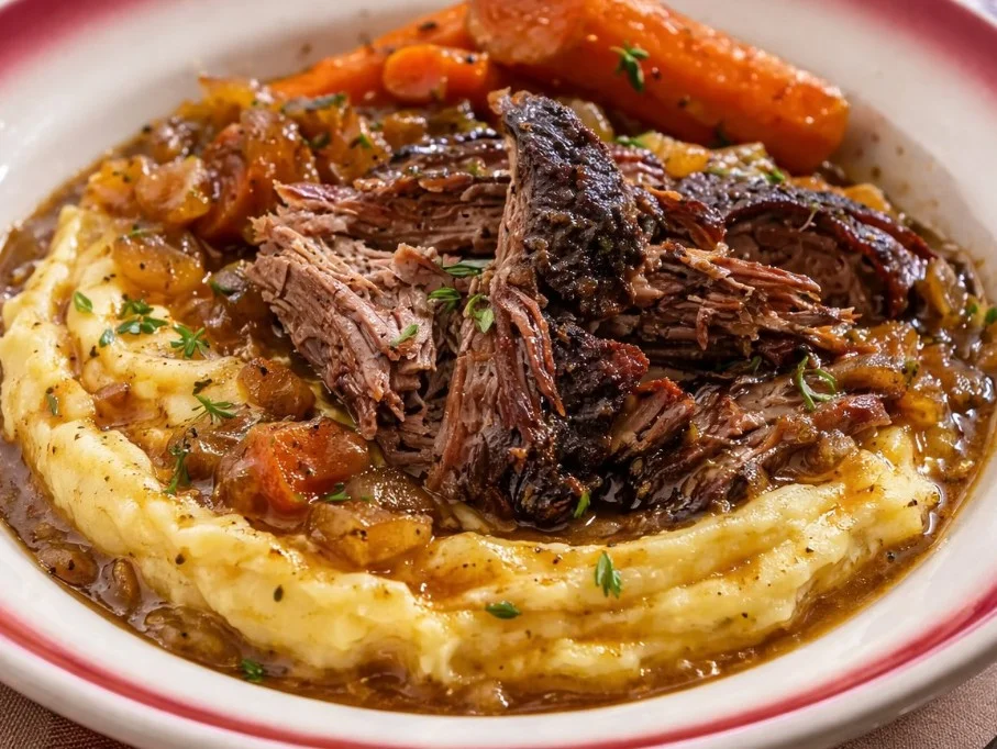 Succulent beef shoulder roast served with vegetables and herbs