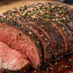Delicious beef sirloin tip roast served with vegetables