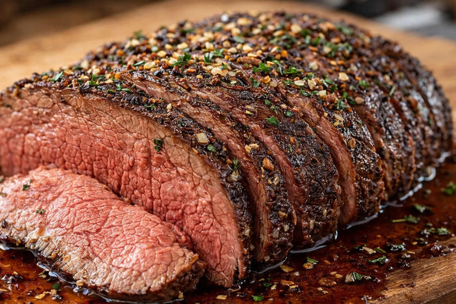 Delicious beef sirloin tip roast served with vegetables