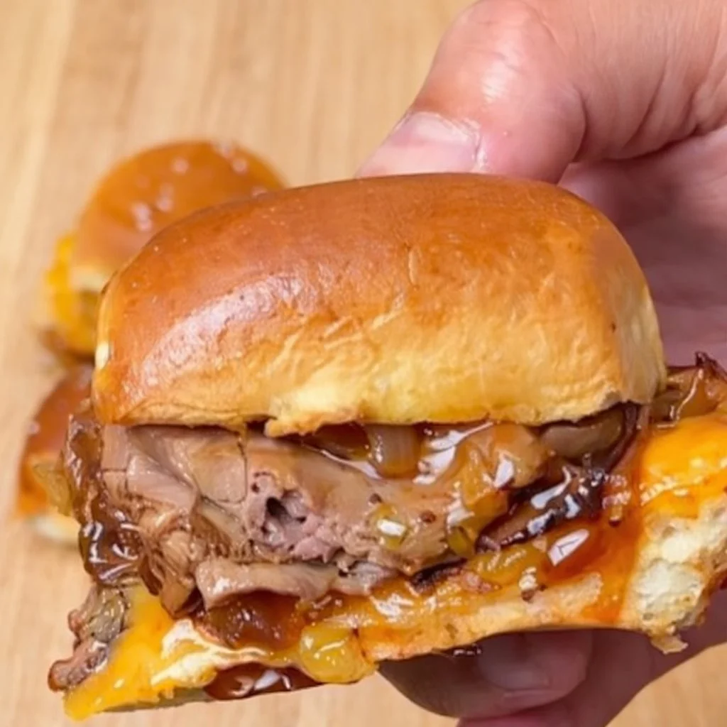 Plate of tasty beef sliders garnished with fresh toppings.