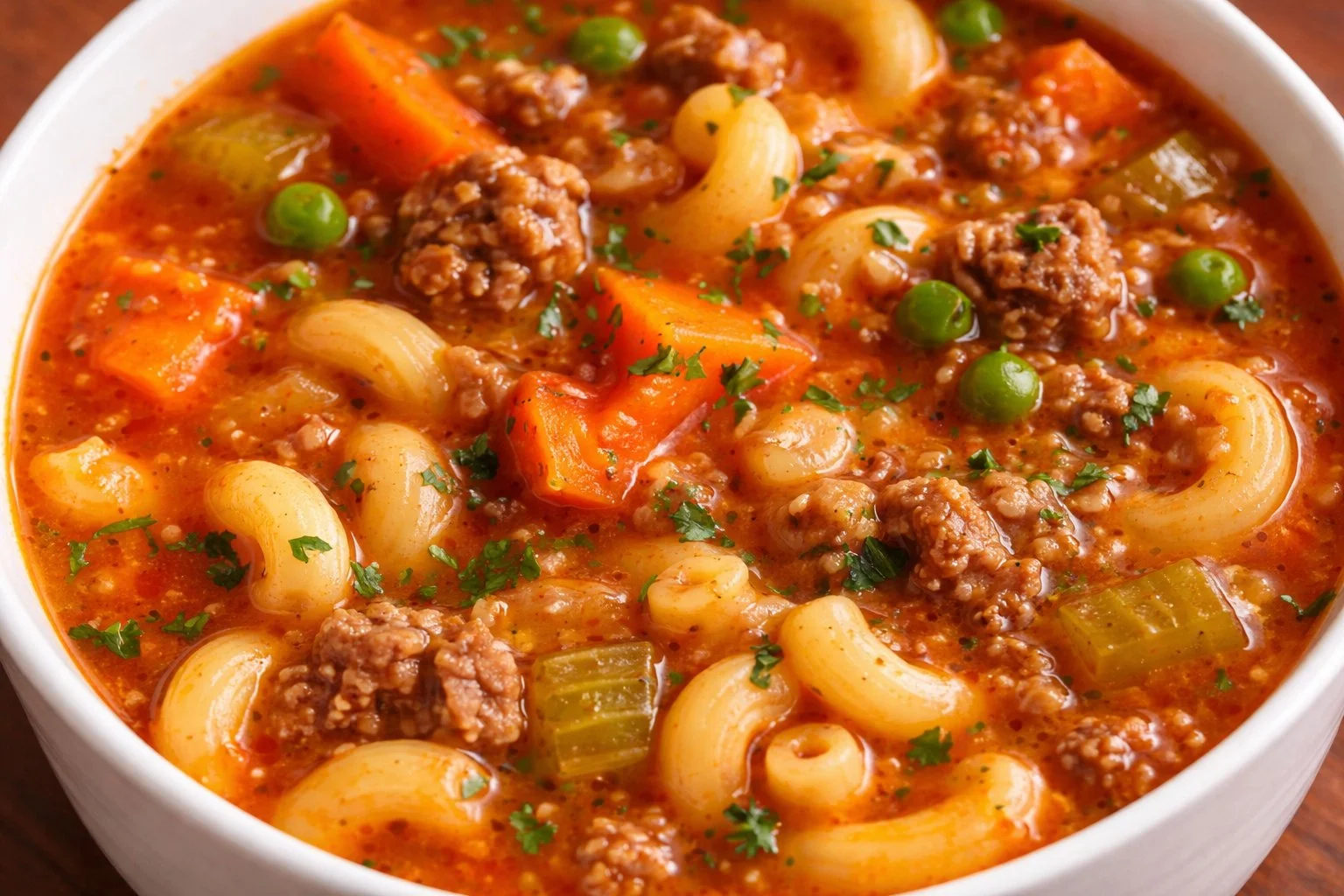 Delicious bowl of beef soup with vegetables and herbs
