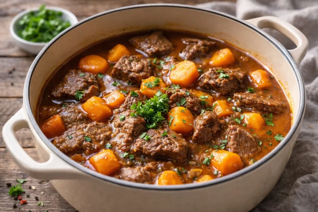 Delicious beef soup bone simmering in a pot for hearty homemade beef soup.