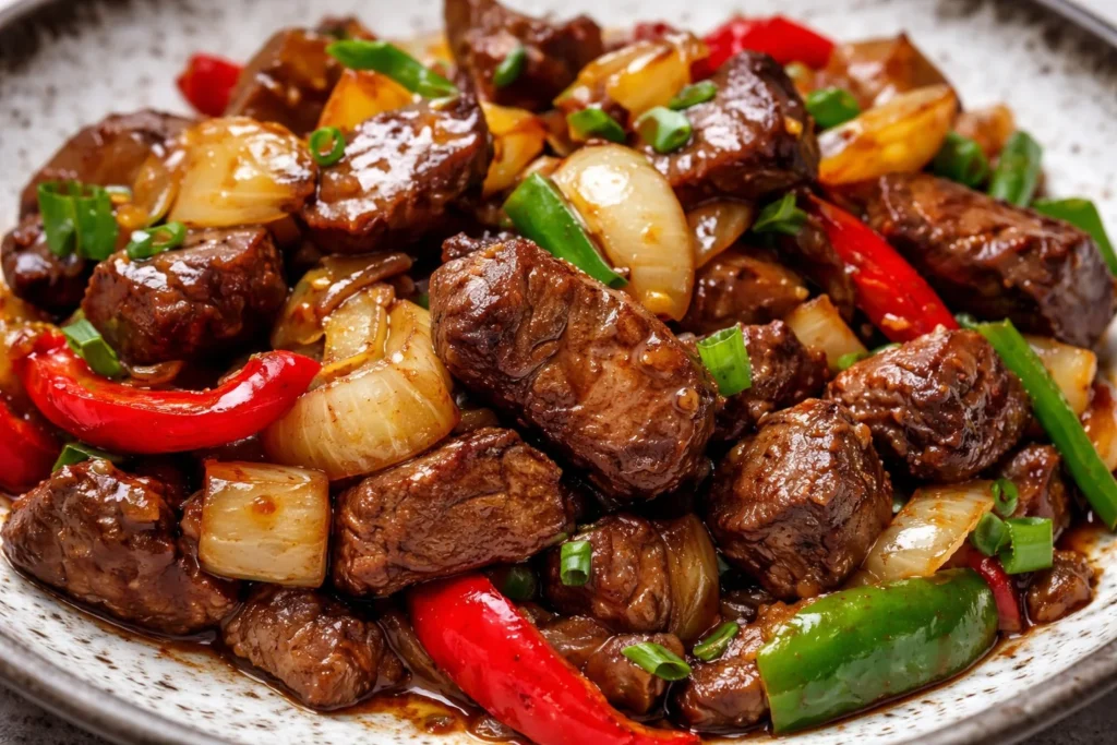 A perfectly grilled beef steak served with vegetables and sauce.