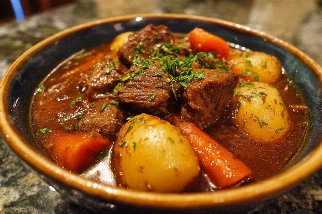 Delicious beef stew simmering with vegetables in a pot.