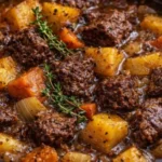A bowl of hearty beef stew with vegetables and herbs, perfect for a cozy meal.