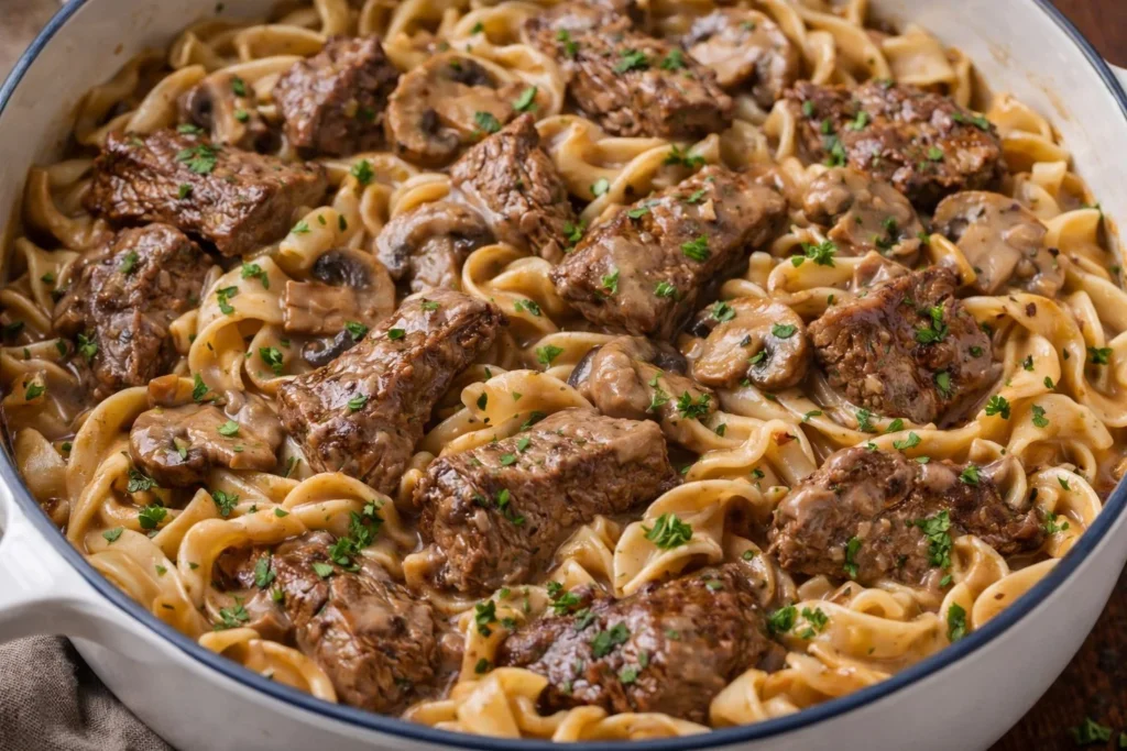 Delicious Beef Stroganoff served with noodles and garnished with parsley