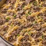 Delicious Beef Stroganoff with ground beef served on a plate.