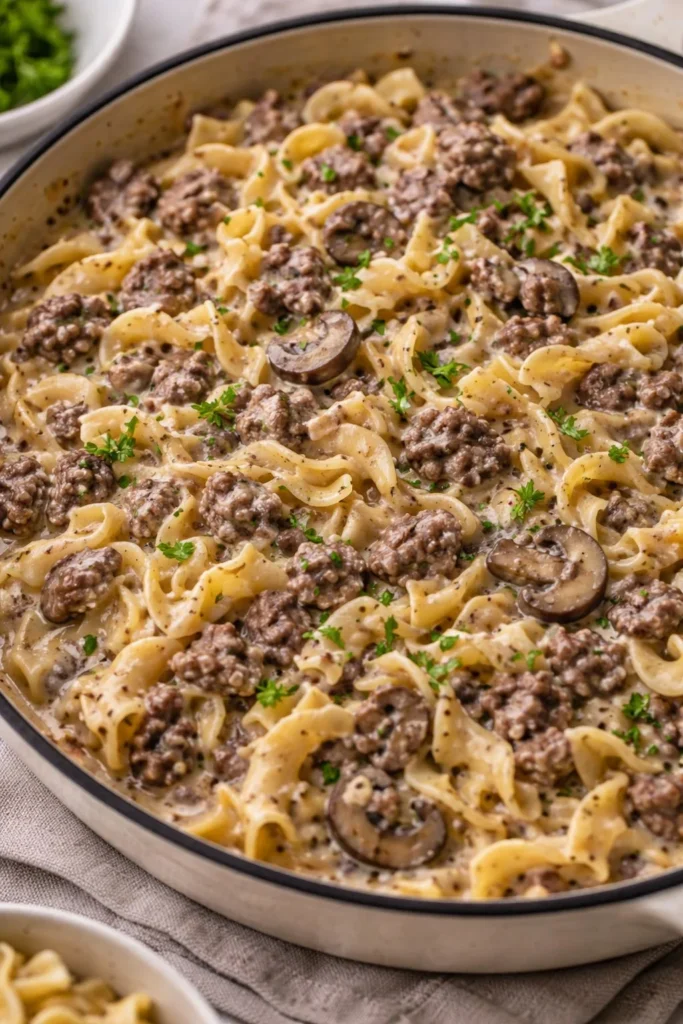 Delicious Beef Stroganoff with ground beef served on a plate.