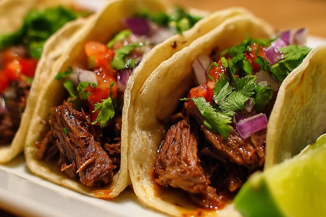 Delicious beef tacos served with fresh toppings and garnishes