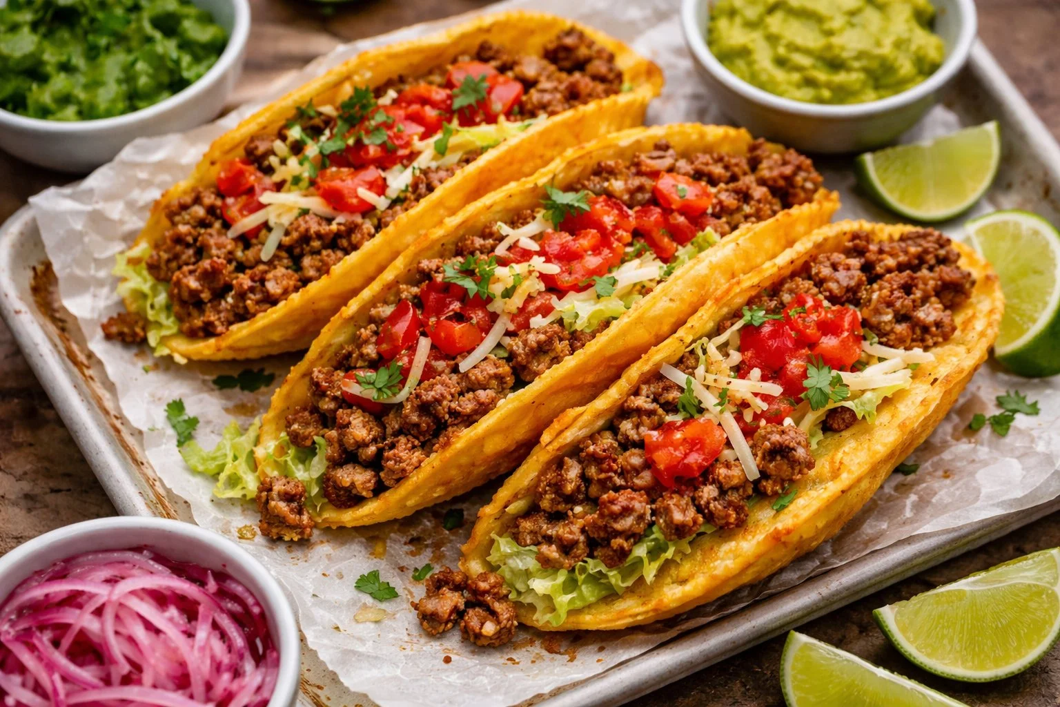 Delicious beef tacos filled with seasoned meat and fresh toppings on a plate