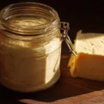 Beef tallow in a jar next to various cooking ingredients and herbs.