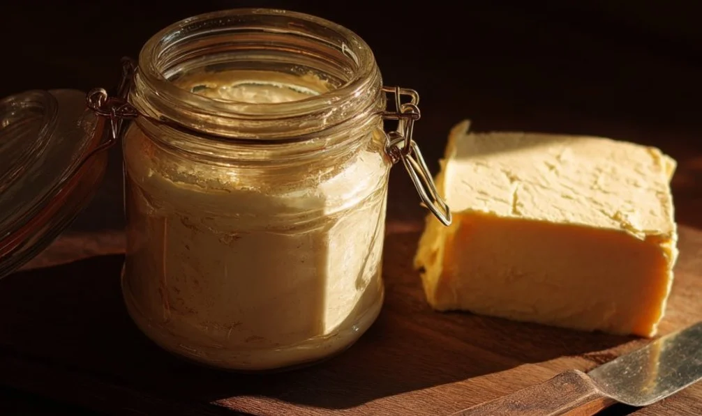 Beef tallow in a jar next to various cooking ingredients and herbs.