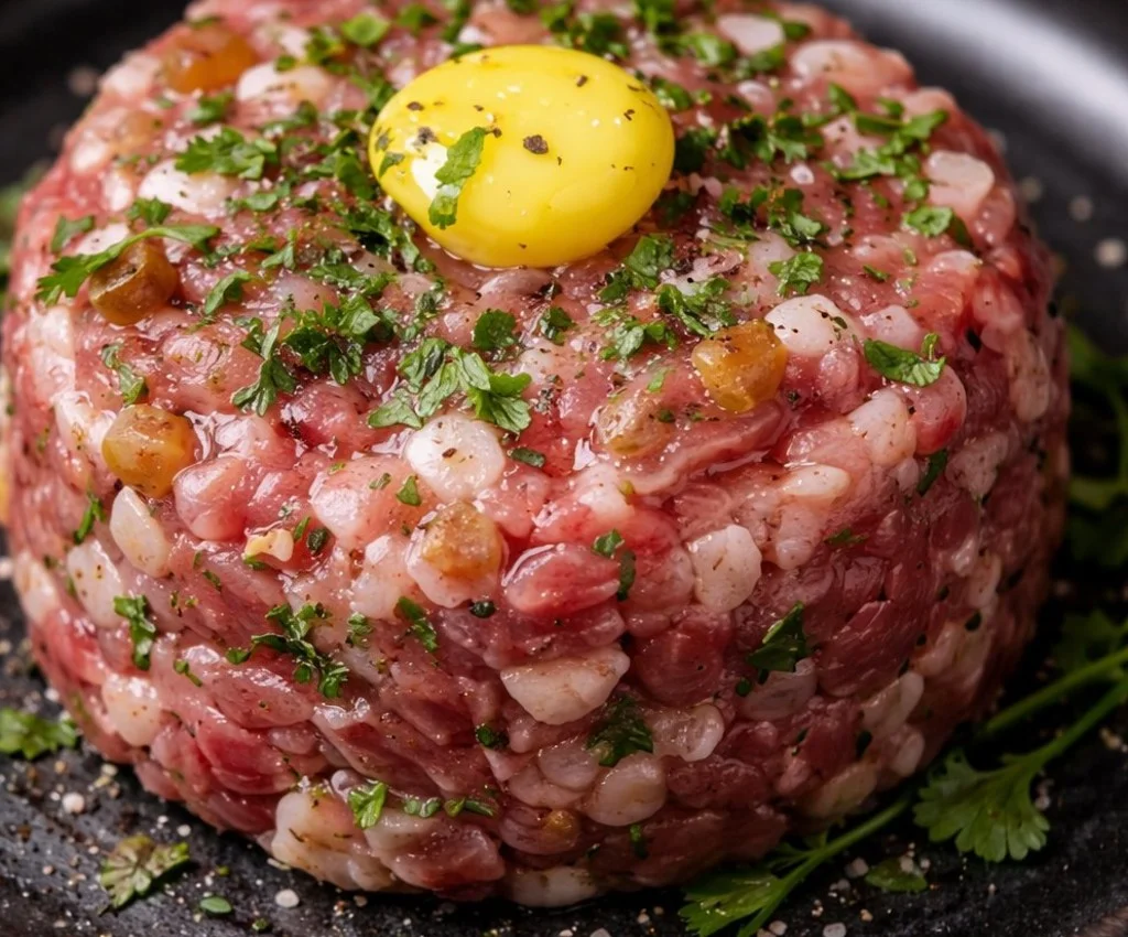 Delicious Beef Tartare served with garnishes and condiments