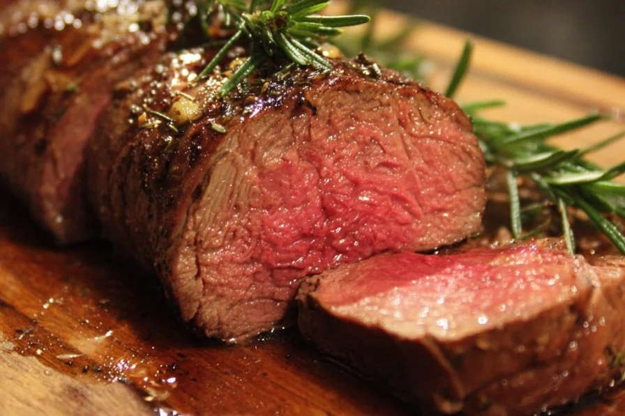 Cooked beef tenderloin served with vegetables on a plate.