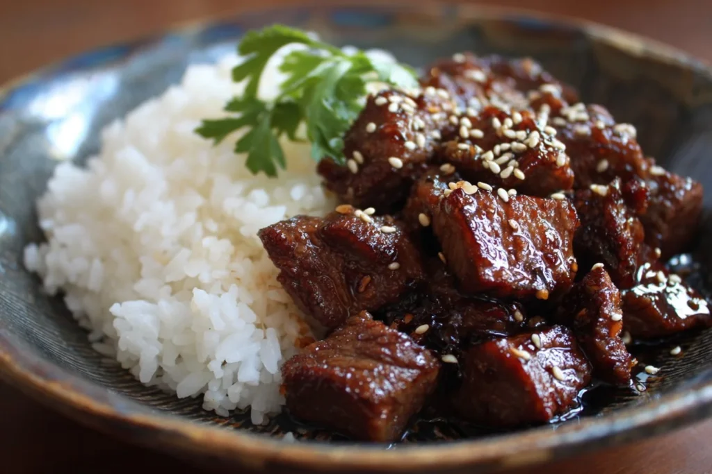 Delicious beef teriyaki served with vegetables and rice