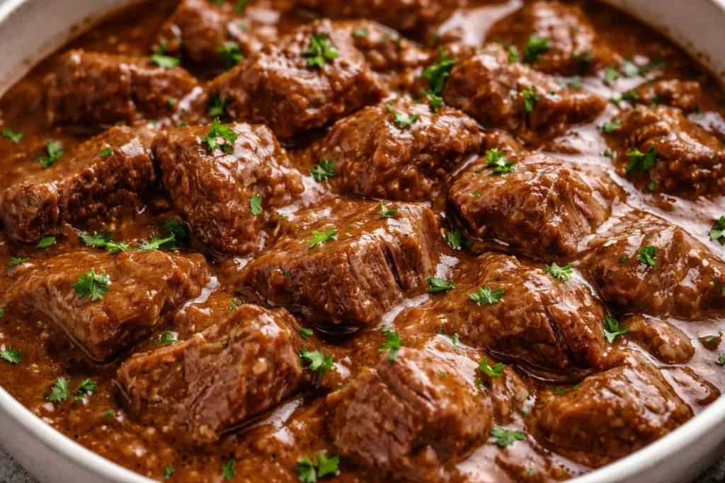Beef tips cooked in gravy using a crockpot for a delicious meal