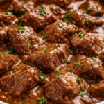 Beef tips cooked in gravy using a crockpot for a delicious meal