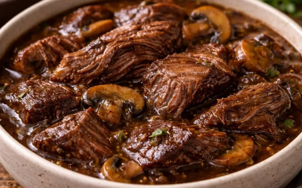 Bowl of beef tips and gravy cooked in a crockpot, served with rice.