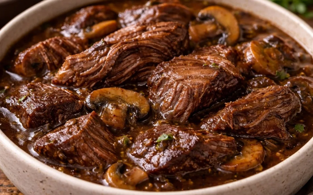 Bowl of beef tips and gravy cooked in a crockpot, served with rice.