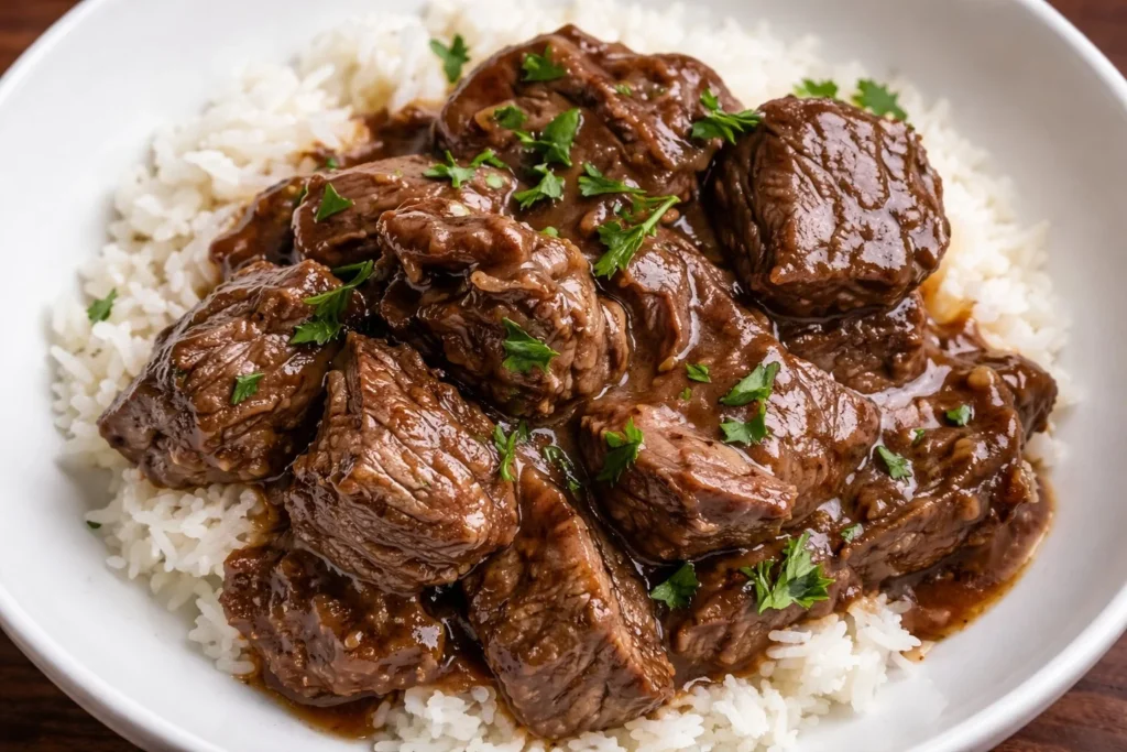 Flavorful beef tips served with rice in a hearty meal