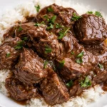 Flavorful beef tips served with rice in a hearty meal