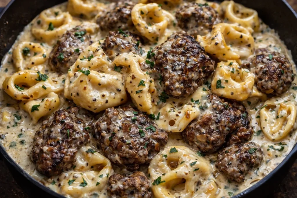 Delicious beef tortellini served with sauce and garnished with parsley