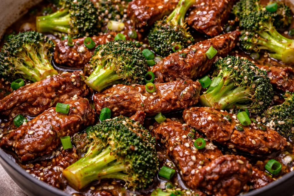 A delicious plate of broccoli beef stir-fry with tender meat and vibrant vegetables.