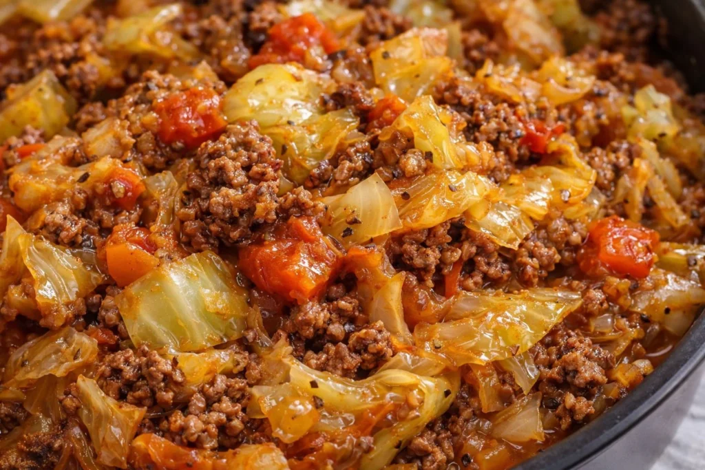 Hearty cabbage and ground beef casserole baked in a casserole dish