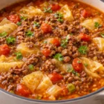 Delicious cabbage soup with ground beef served in a bowl.