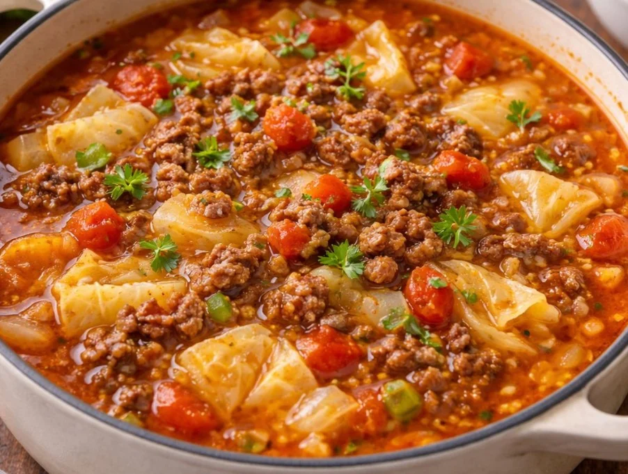 Delicious cabbage soup with ground beef served in a bowl.