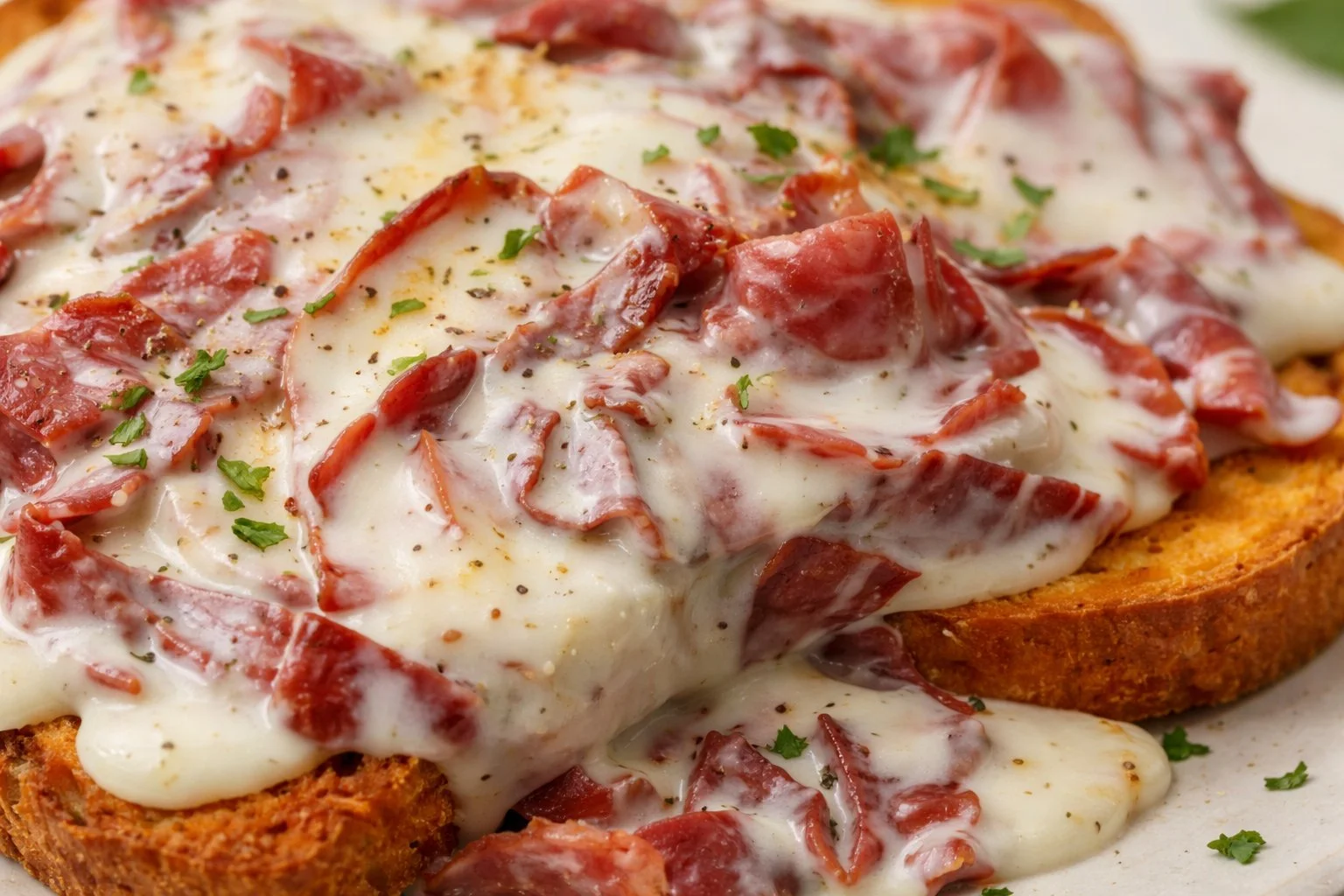 Chipped beef on toast served with gravy and seasonings on a plate.