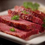 Deliciously cooked corned beef served with vegetables and herbs.