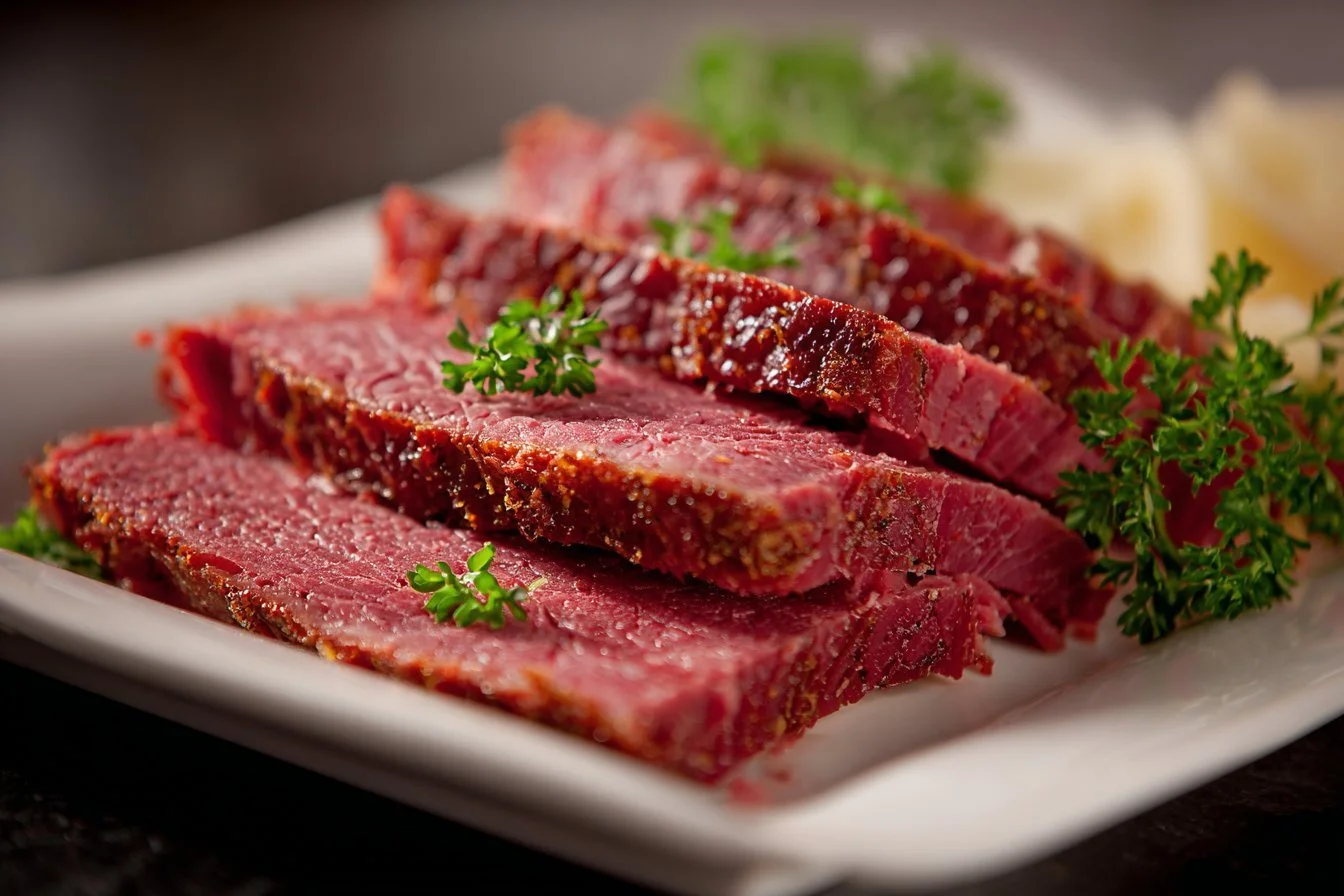 Deliciously cooked corned beef served with vegetables and herbs.