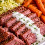Crock pot filled with tender corned beef and cabbage ready to serve