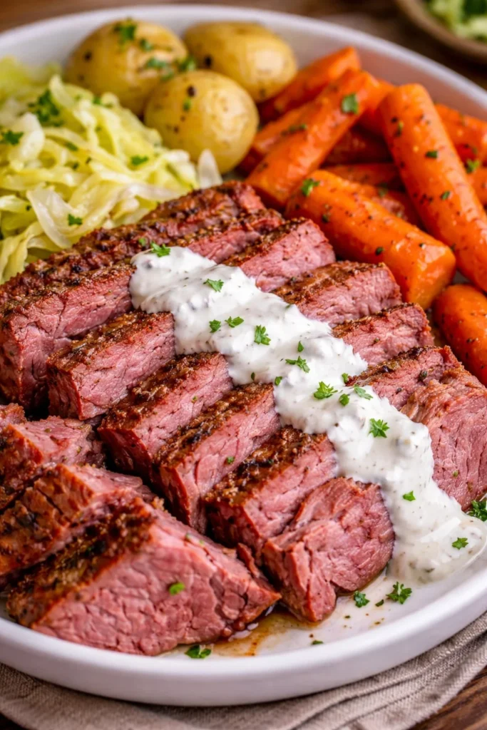 Crock pot filled with tender corned beef and cabbage ready to serve